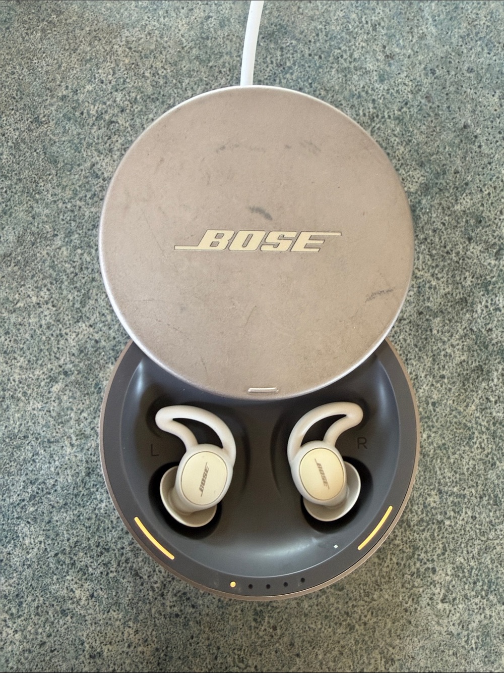 Bose Earbuds in Beige and White Charging Case